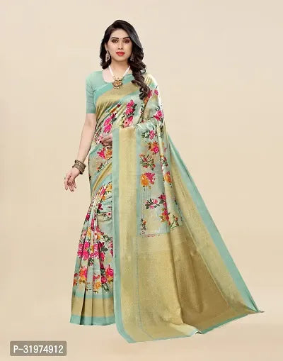 Stylish Blue Cotton Silk Printed Saree With Blouse Piece For Women