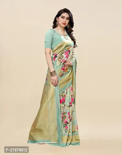 Stylish Blue Cotton Silk Printed Saree With Blouse Piece For Women