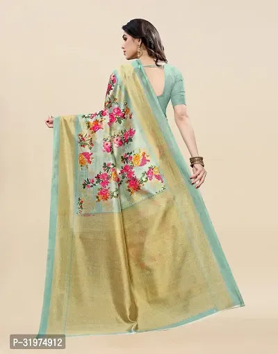 Stylish Blue Cotton Silk Printed Saree With Blouse Piece For Women